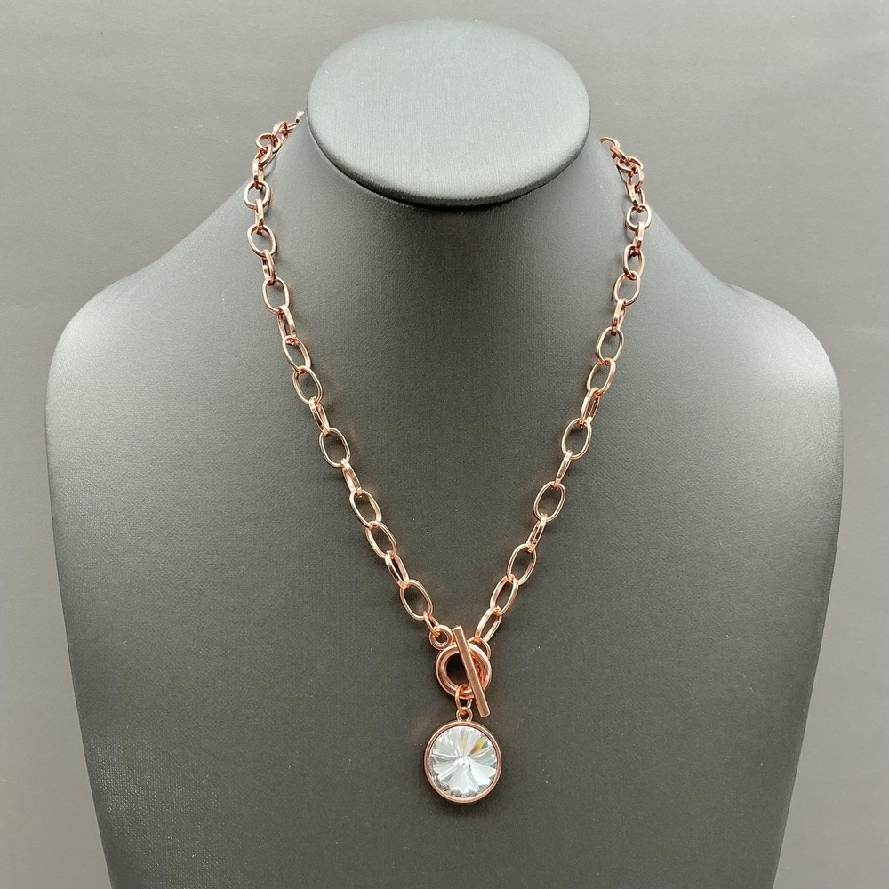 Necklace Rose Gold Tone Chain Round Clear Stone Pendant Toggle Statement Jewelry